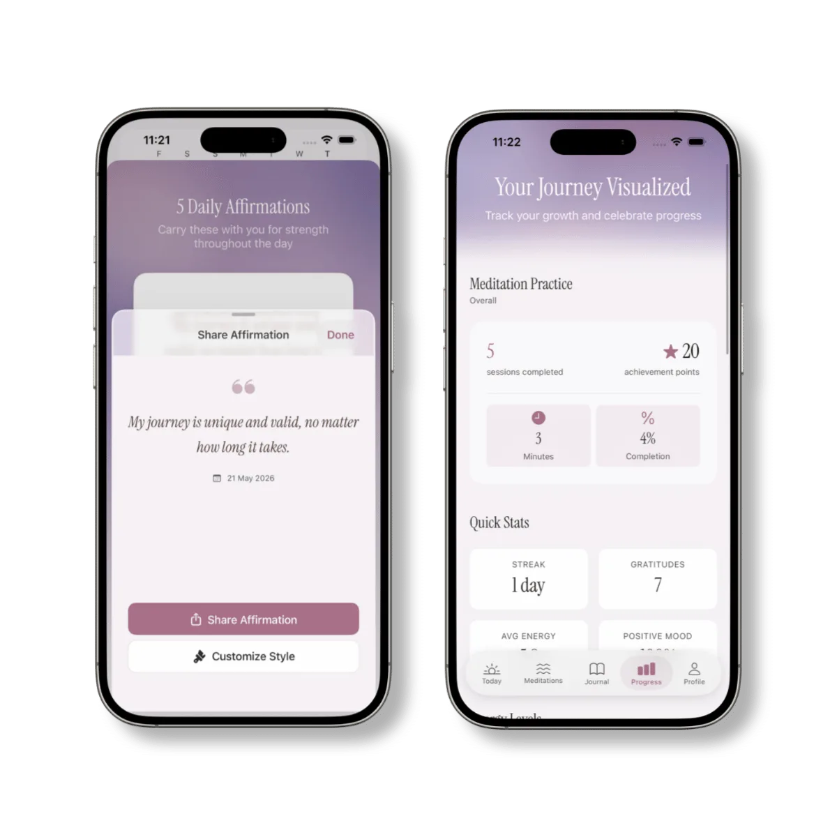 My Maternal Mind app screens showing ambient sounds and progress tracking
